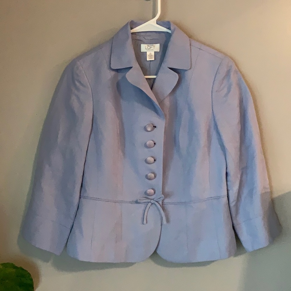 LOFT Petite Light Blue Button and Bow Coquette Blazer